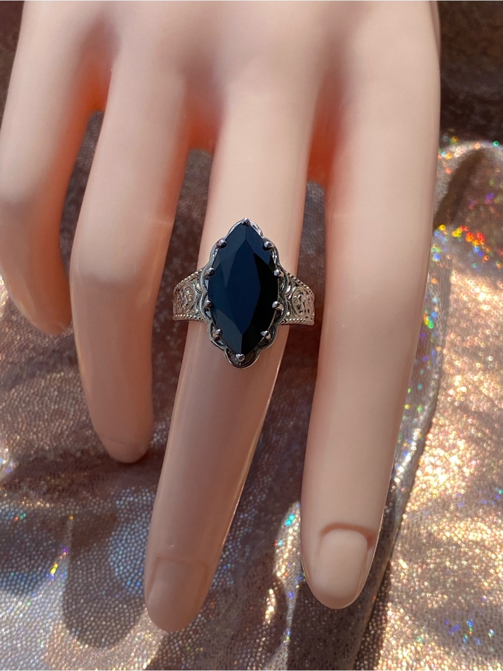Midnight Relic Smoky Quartz Ring | Vintage Marquise Statement Silver, Sz (7) (9)